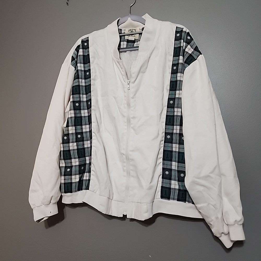 Jantzen Ivory Bomber Jacket with Teal Plaid Panels